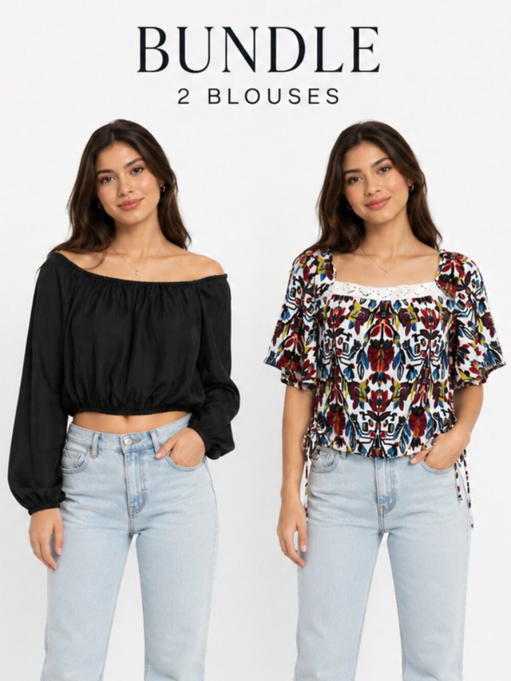 Show Me Your Mumu Black Lima Scrunch Top & Anama Patterned Blouse Bundle Small
